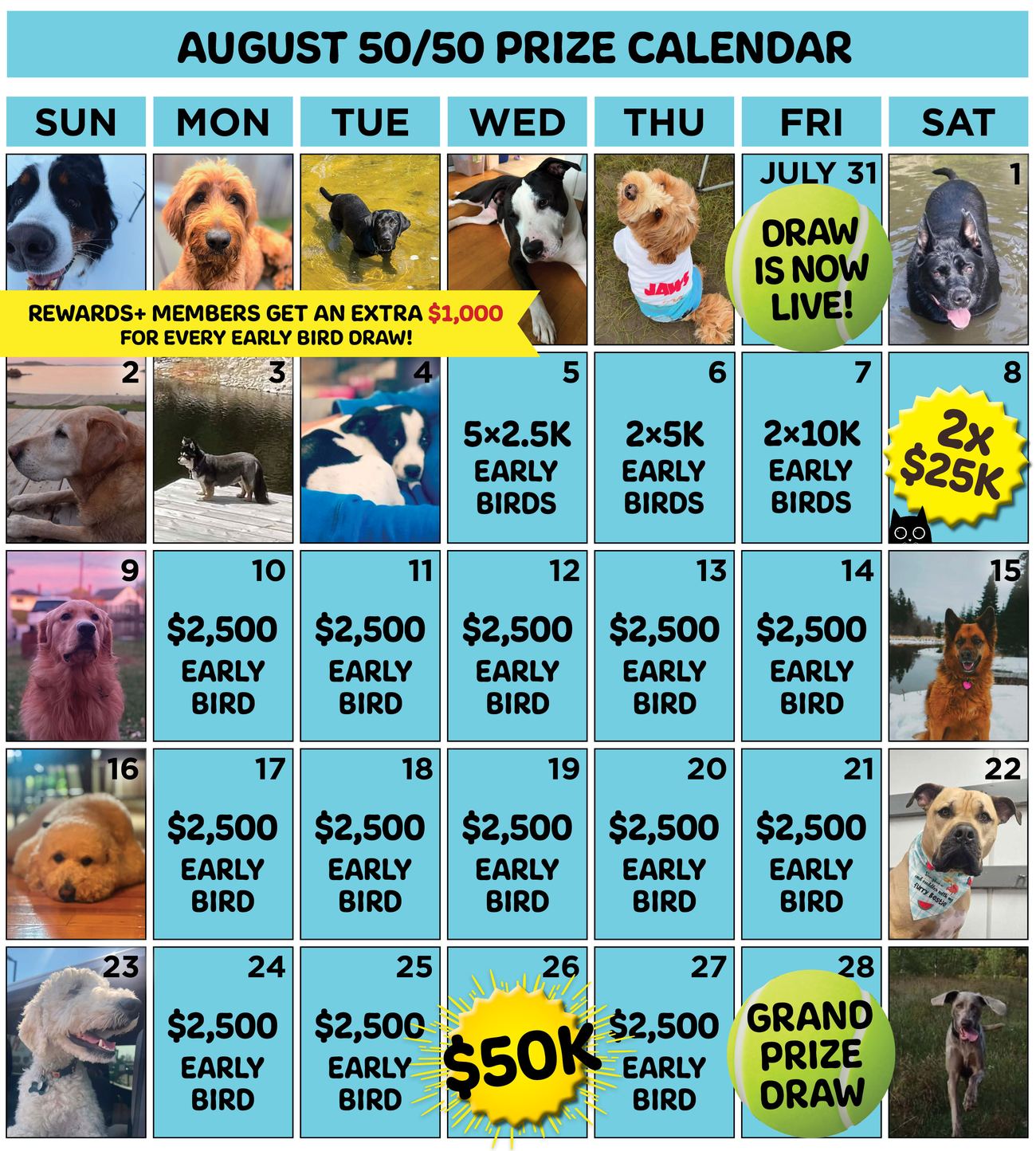 August 2026 Thunder Bay 50/50 prize calendar. Draw opens Friday July 31. Early Bird draws: August 5, five prizes of $2,500; August 6, two prizes of $5,000; August 7, two prizes of $10,000; August 8, two prizes of $25,000; August 10 to 14 and August 17 to 21, $2,500 each weekday; August 24 and 25, $2,500 each; August 26, $50,000; August 27, $2,500. Grand Prize draw Friday, August 28. Rewards+ members receive an extra $1,000 for every Early Bird draw.