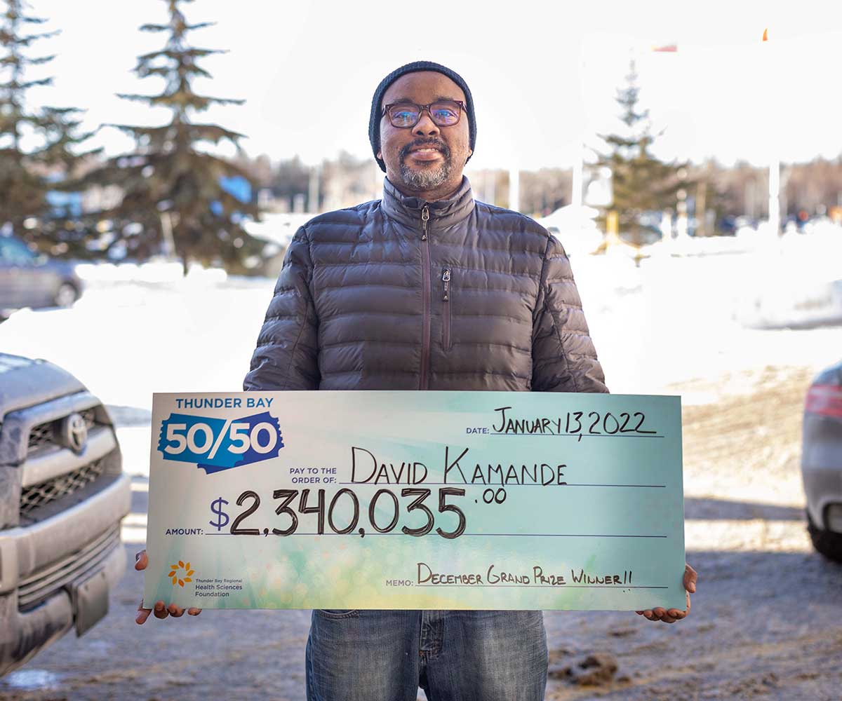 David Kamande of Thunder Bay, the first multi-millionaire Thunder Bay 50/50 winner &mdash; $2,340,035, December 2021